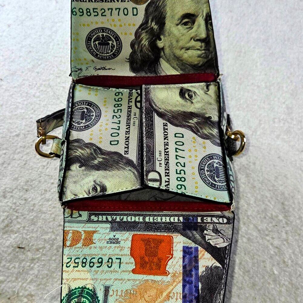 $100 Bill Money Print Box Purse Bag Novelty Cube Handbag Benjamin Fran - Picture 7 of 8